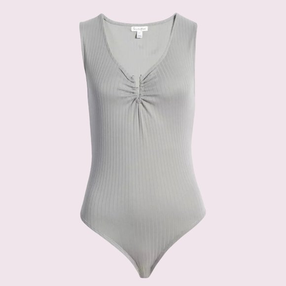 LOVE FIRE V-Neck Bodysuit Size Small 4-6 Women's Gray Metal Notch Ribbed Top - Picture 6 of 7